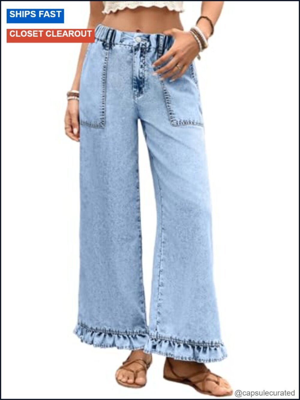 Wide Leg Jeans for Women Stretch High Waisted Baggy Denim Ruffle Hem